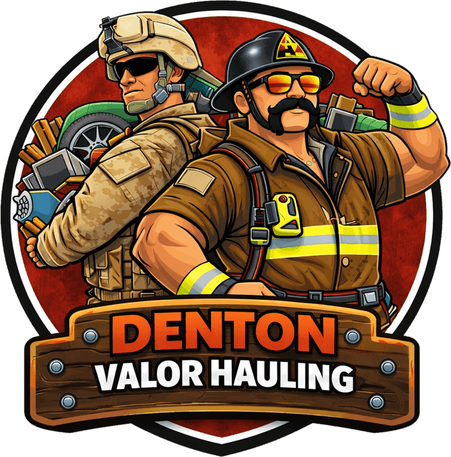 Denton Valor Hauling round mascot badge with a Marine and a firefighter