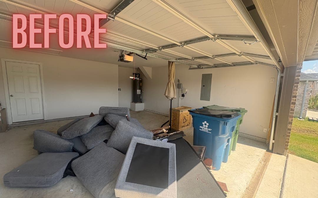 Before: a garage with a pile of cushions and a mirror