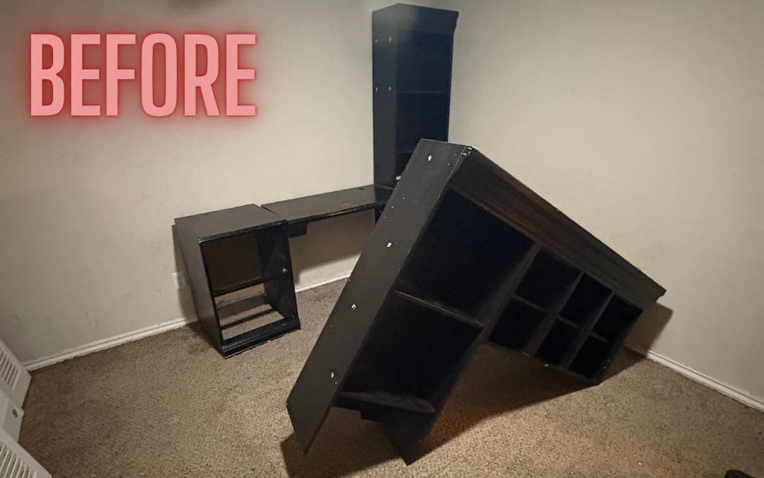 Before: a desk and a bookshelf in a bedroom