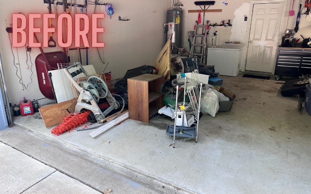 Before: a cluttered garage with tools and a workbench