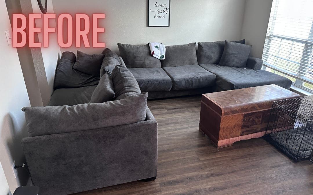 Before: a grey sectional sofa in a living room