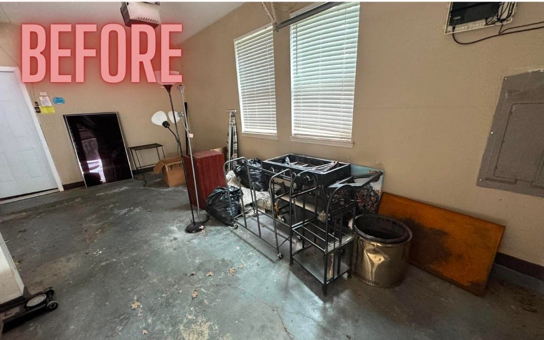 Before: metal racks and a lamp in a garage room