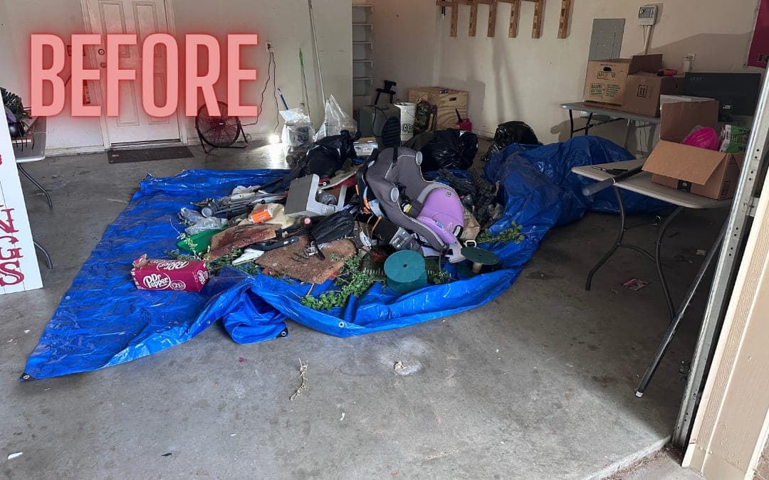 Before: a pile of items on a blue tarp in a garage