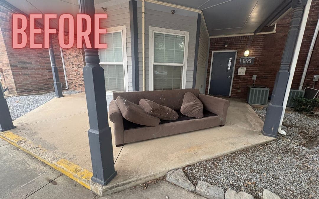 Before: a brown couch on an apartment patio